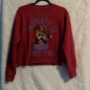 Looney Tunes Cropped Sweatshirt Red Graphic Pullover Size Small